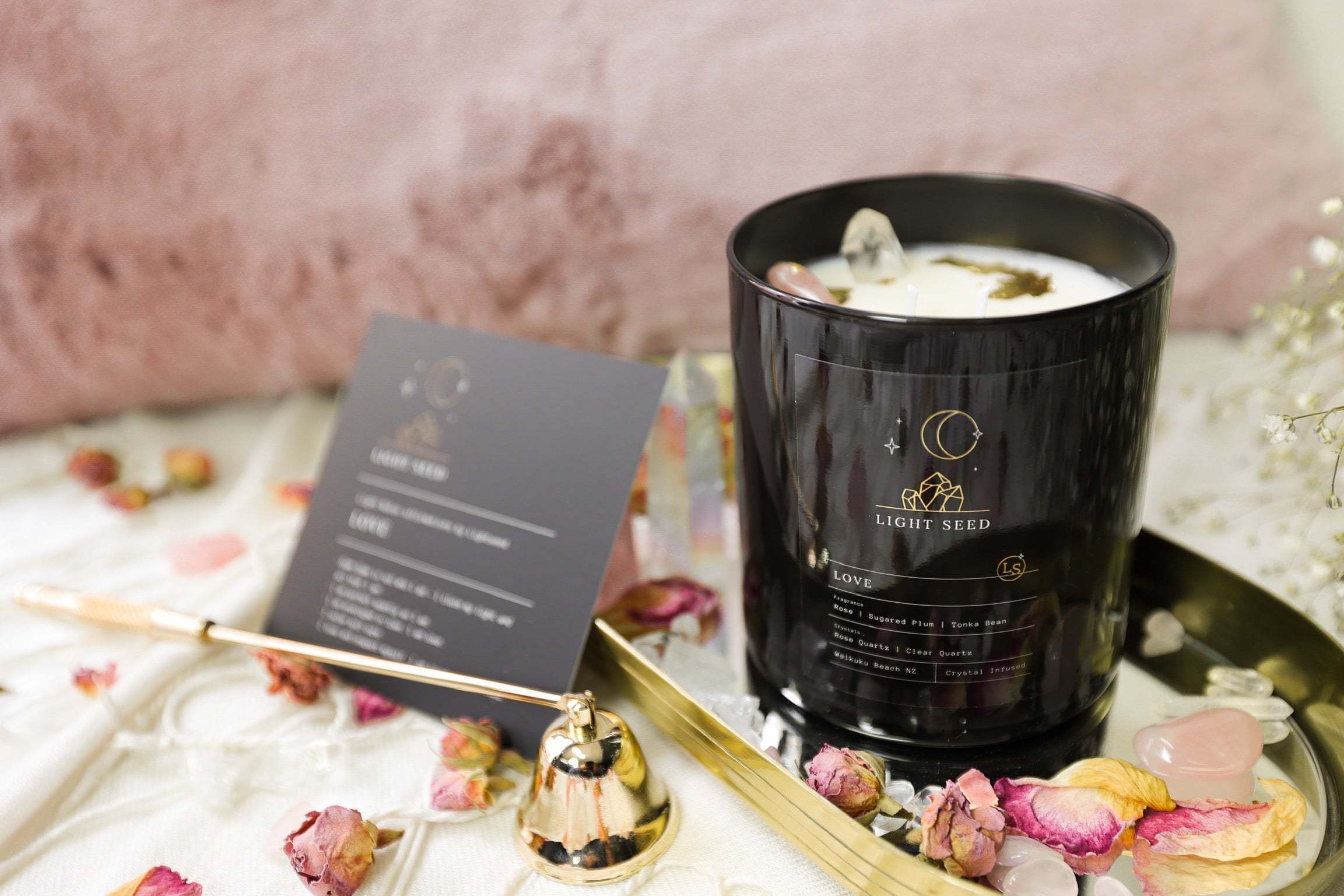LOVE Candle with Rose Quartz & Clear Quartz Crystals with Affirmations