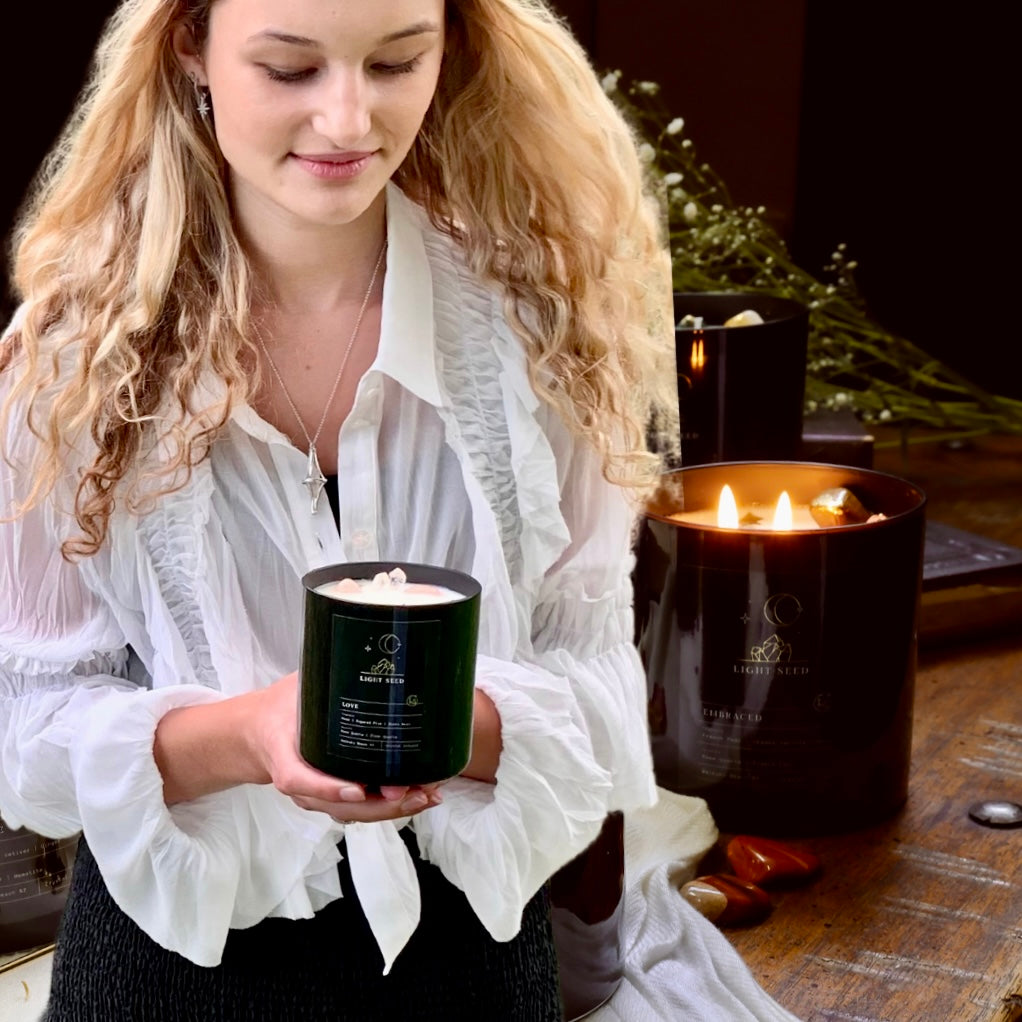 LOVE Candle with Rose Quartz & Clear Quartz Crystals with Affirmations