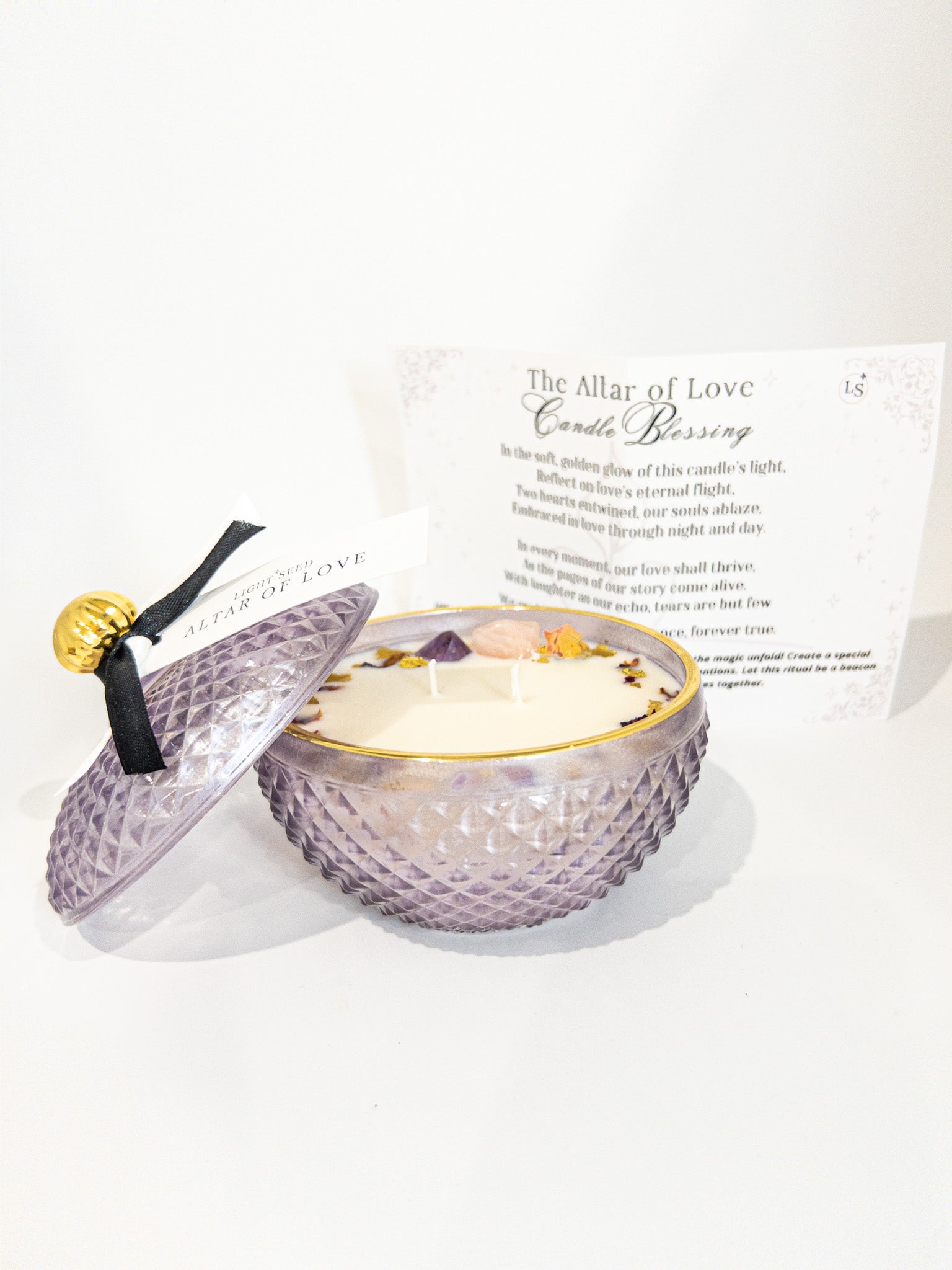 ALTAR OF LOVE Candle - Amethyst & Rose Quartz Crystals with Love Ritual Blessing