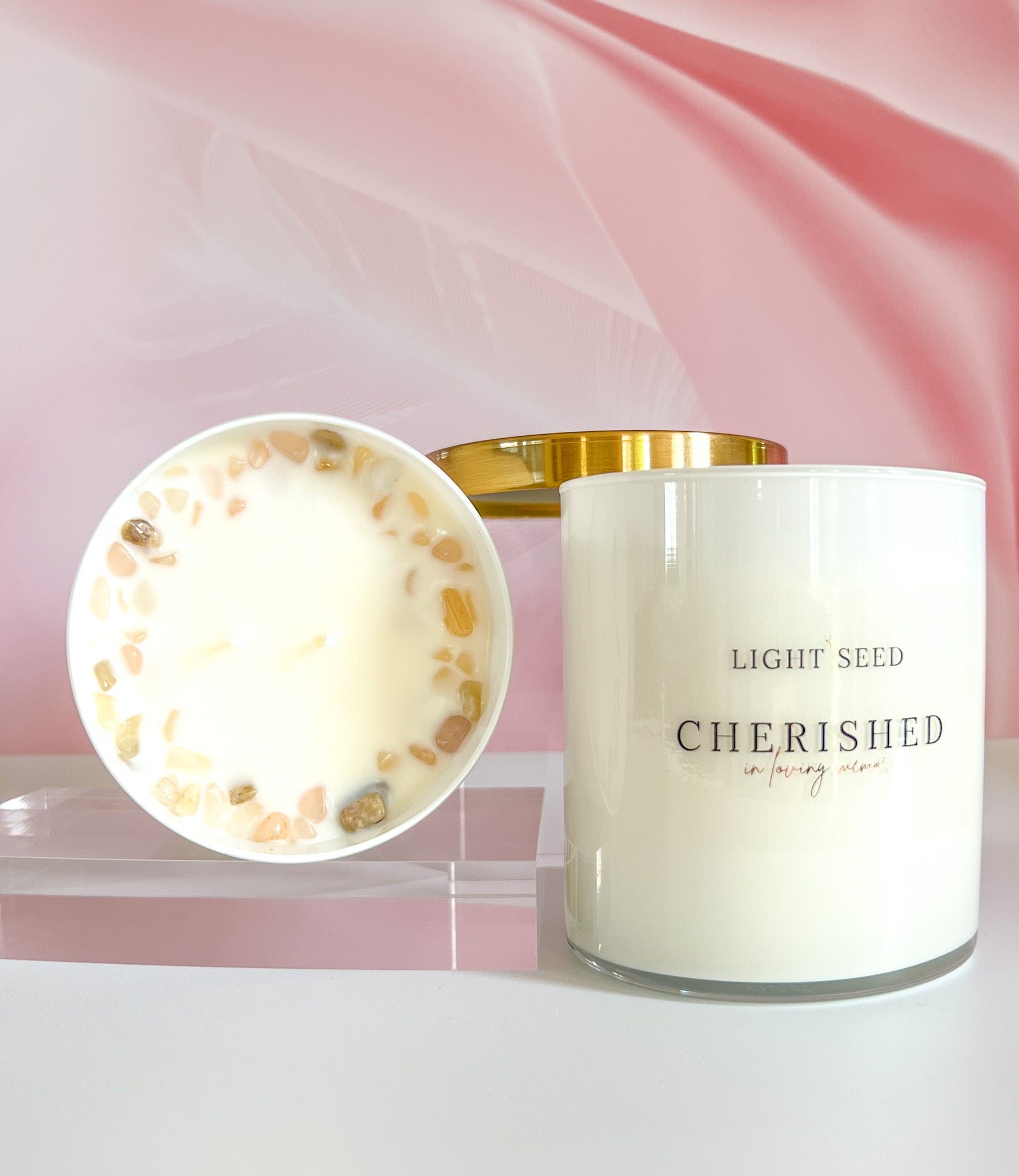 CHERISHED- IN LOVING MEMORY Candle Moonstone & Rose Quartz Crystals with Meditation