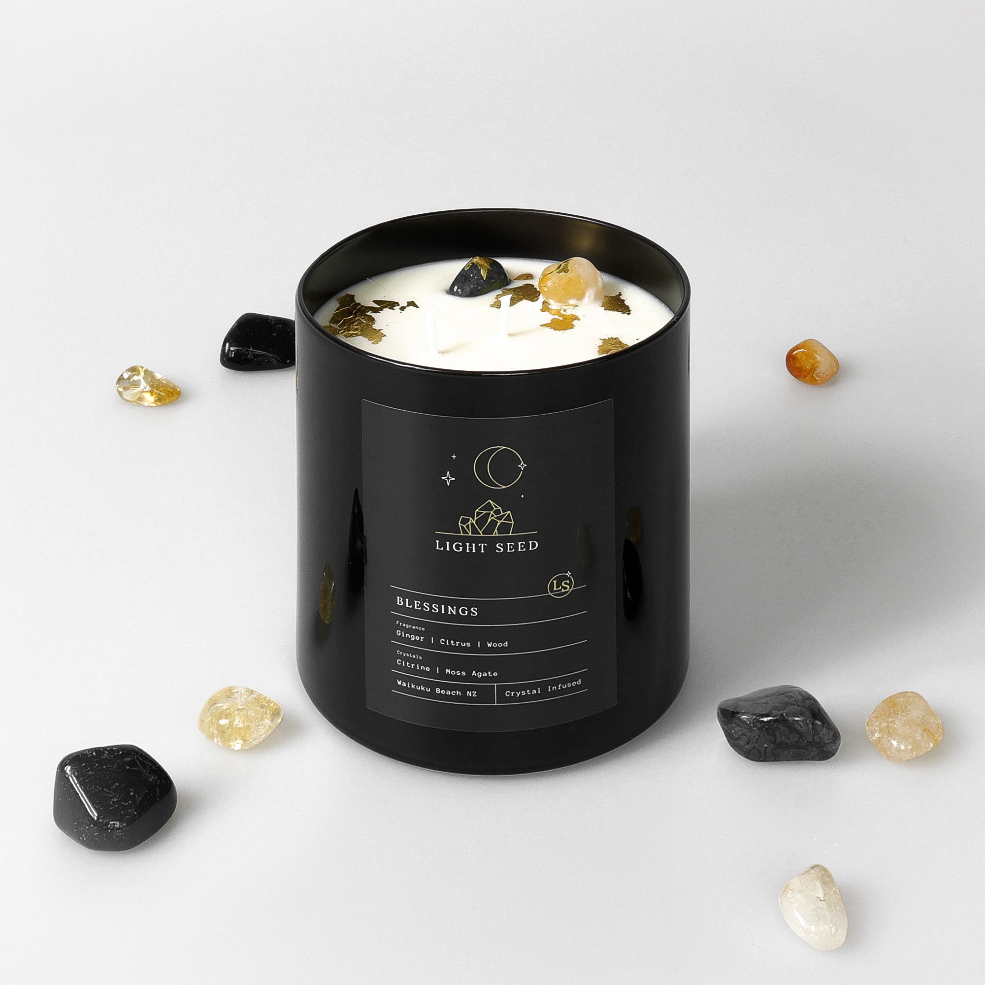 Blessings Candle with Citrine and Moss Agate Crystals - Buy Crystal Candles NZ