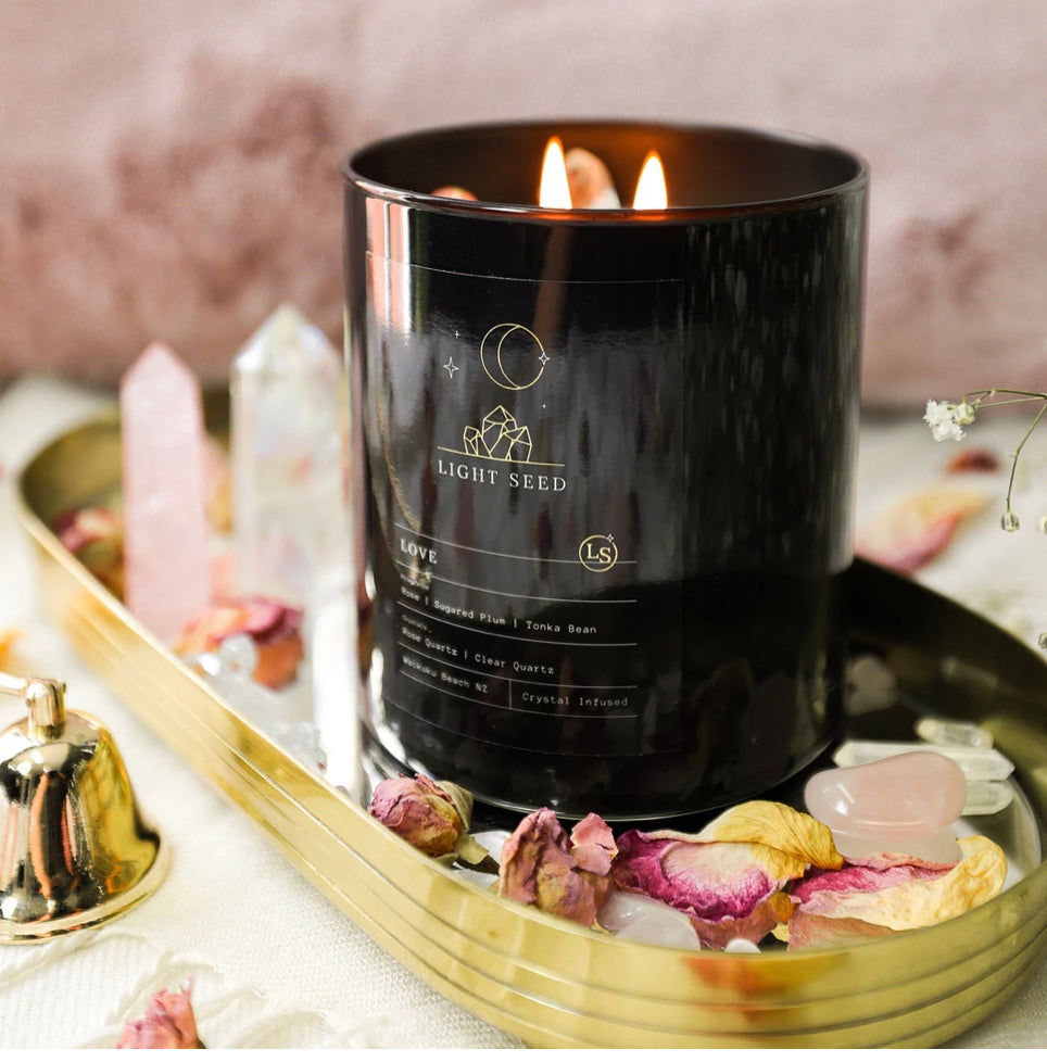 LOVE Candle with Rose Quartz and Clear Quartz Crystals