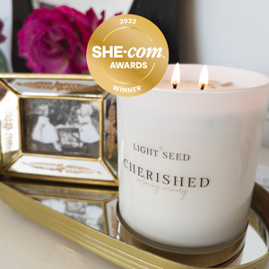 CHERISHED - In Loving Memory Candle with Moonstone, Rose Quartz Crystals & A Mediation to assist moments of peace.