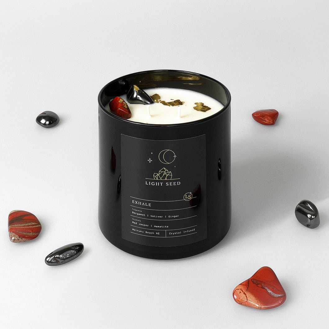 Exhale Candle with Red Jasper and Hematite Crystals - Wholesale - Buy Crystal Candles NZ