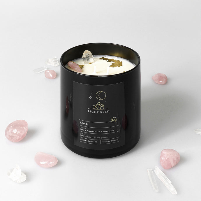 Love Candle with Rose Quartz and Clear Quartz Crystals - Buy Crystal Candles NZ