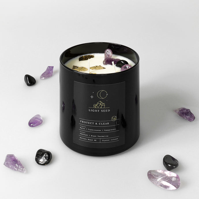 Protect & Clear Candle with Amethyst and Black Tourmaline Crystals -PRE - ORDER - Wholesale - Buy Crystal Candles NZ