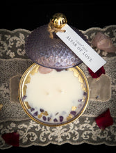 Load image into Gallery viewer, ALTAR OF LOVE - Candle in a Violet Geo Cut Vessel with Gold Rim - Amethyst &amp; Rose Quartz Crystals $148
